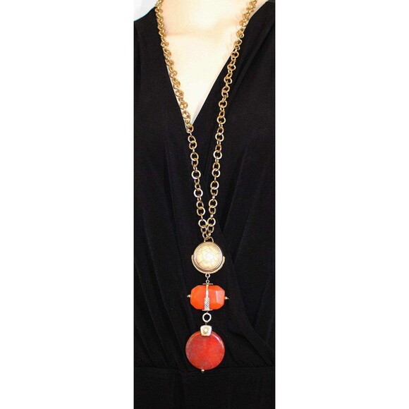 Chico's Gold Tone Y Drop Faux Sunset Aventurine Textured Rolo Chain 26" Necklace - Picture 1 of 6